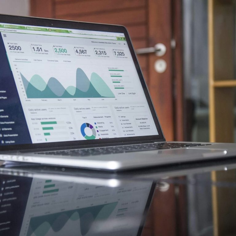 Laptop mit Diagrammen und Analysedaten auf dem Bildschirm.